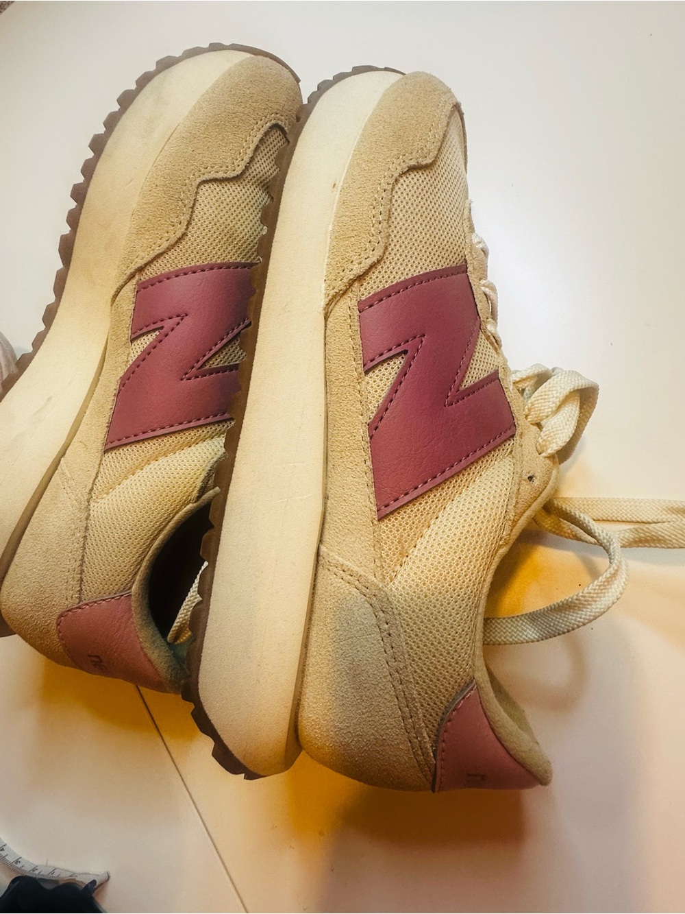 New Balance Beige Mesh & Suede Sneakers with Rose Accent